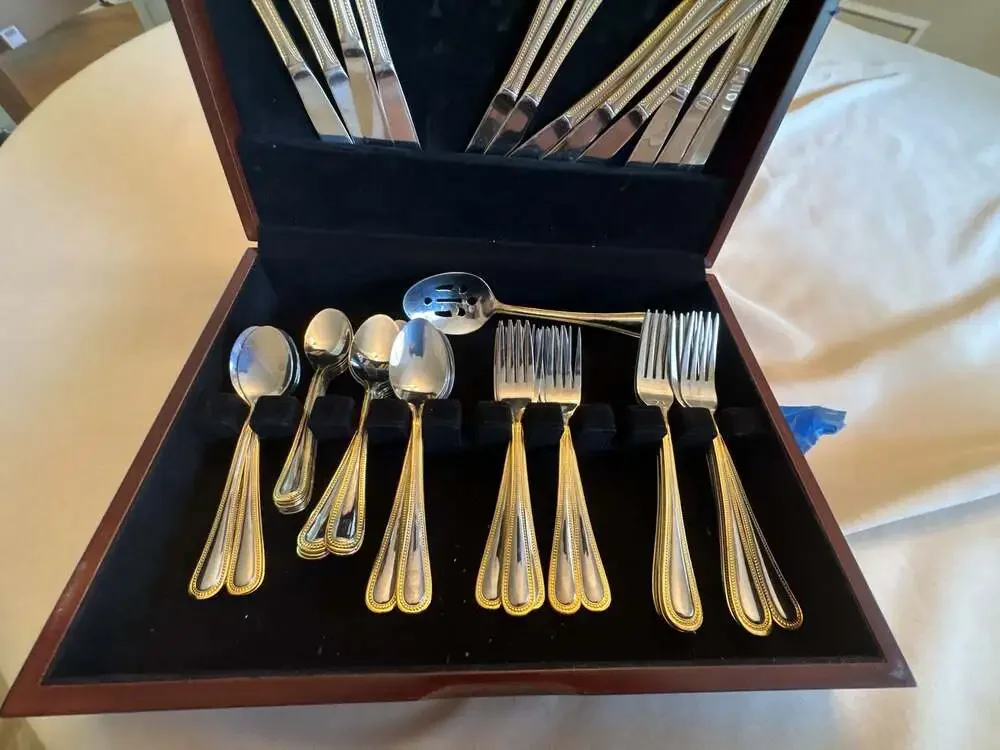 51-Piece Stainless Steel Flatware Set Gold Beaded Trim w/ Wooden Storage Case